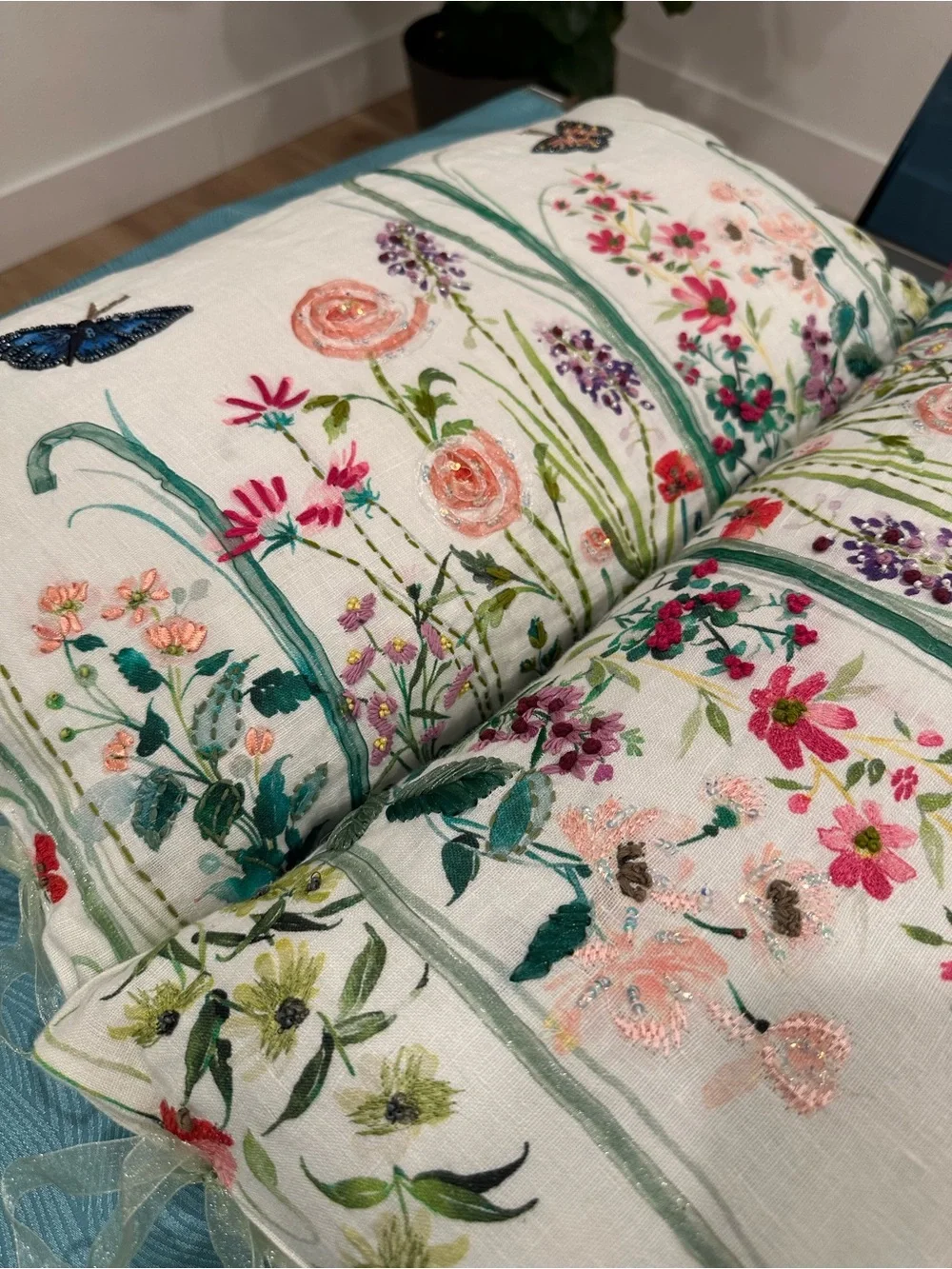 Set of 2 Embroidered Floral Butterfly Lumbar Pillows 12x23 Beaded Sequin
